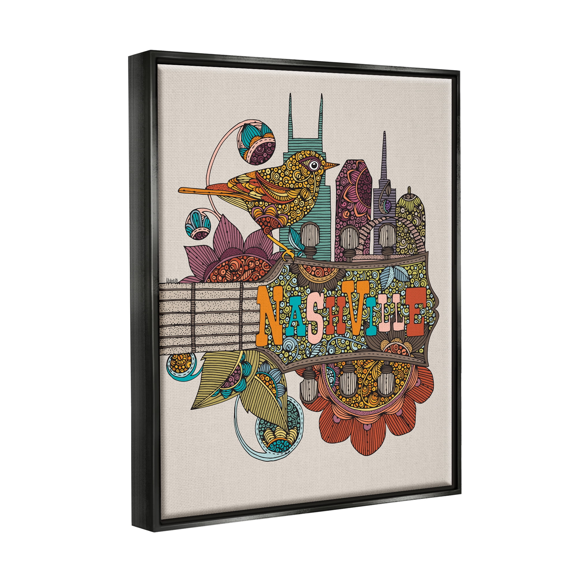 Stupell Industries Nashville Music City Bird Detailed Floral Patterns Graphic Art Jet Black Floating Framed Canvas Print Wall Art, Design by Valentina Harper