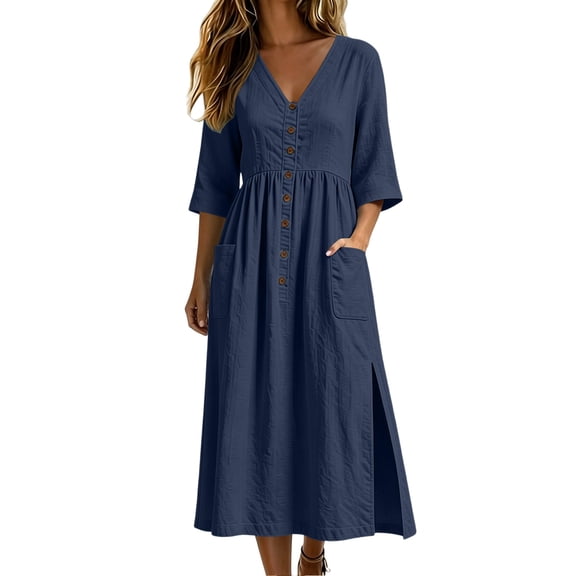 Ovbmpzd Summer Teacher Dresses for Women 2026 With 3/4 Sleeves Teacher Slit Side V-Neck Navy Fall Dresses With Pockets,S