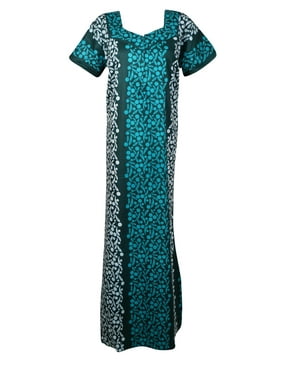 Mogul Women Green Maxi Kaftan Dress Printed Front Zip Sleepwear, Maternity, Loose Housedress, Cover Up Nightwear XL