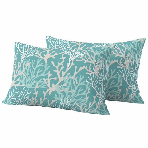 Teal Coral Coastal Outdoor Pillow Covers, Waterproof Decorative Throw Pillowcases Set of 2, Ocean Nautical Seaside Beach Couch Cushion Cases with Zipper for Outside Patio Garden Sofa 20"x12"