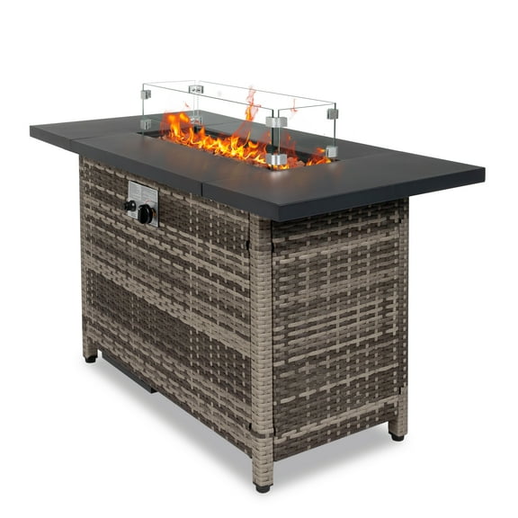 Seizeen Propane Fire Pit Table, 43in Outdoor Gas Fire Pit, 50,000 BTU Gas Fire Pit Table with Glass Guard Wind, Lid and Volcanic Stones, for Patio Backyard Deck Garden, Gray