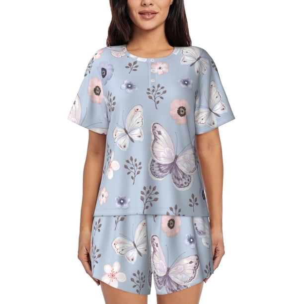 Fotbe Blue Butterfly Conjunto de Pijama Estampado para Mujer, 2 Piezas, Ropa de Dormir con Camiseta de Manga Corta y Shorts Suaves-Medium
