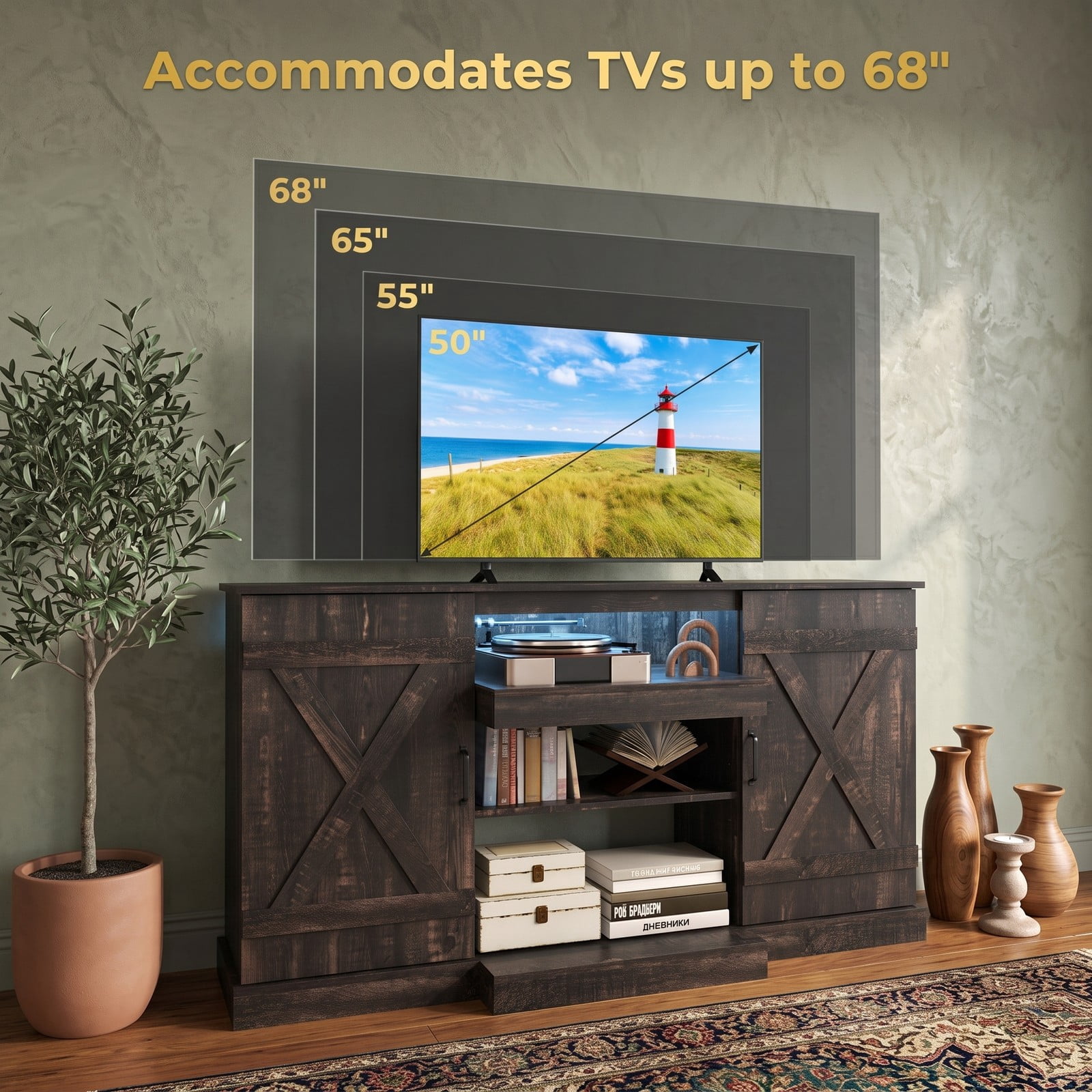 Furnibear 58 Inch Fireplace TV Stand for TVs up to 65 Inch, Rustic Wood Grain Entertainment Center with 20 Color LED Lights, Adjustable Shelves and 2 Cabinets, Brown