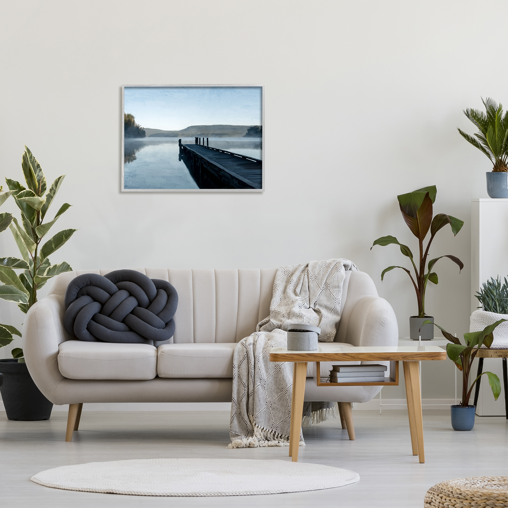 Stupell Industries Distant Lake Dock Landscape Painting Gray Framed Art Print Wall Art, 30 x 24