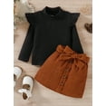 thumbnail image 2 of Bagilaanoe 2Pcs Toddler Baby Girls Fall Outfits Long Sleeve Knitting Shirt Tops + Skirt with Belt 6M 12M 2T 3T 4T 5T Kids Casual Skirt Set, 2 of 9
