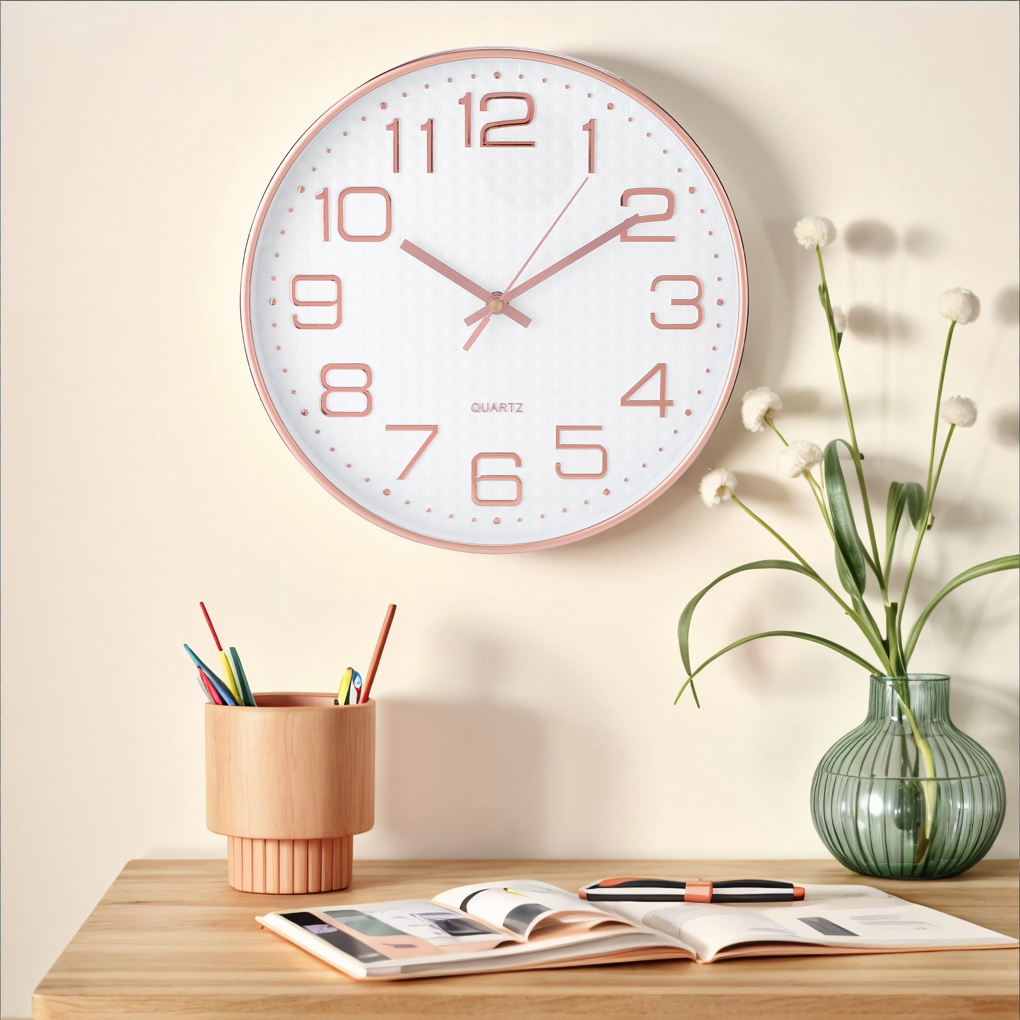 Unique Bargains Silent Non-Ticking Battery Operated Wall Clock White and Pink