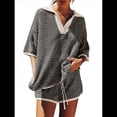 thumbnail image 3 of Conjunto de Suéter de Mujer de 2 Piezas, Top de Punto con Cuello en V y Mangas 3/4 Extragrandes, Pantalones Cortos de Cintura Alta, Conjuntos de Estar por Casa. Negro XL, 3 of 8