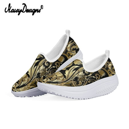 

Hot Sale Heightreasing Women Flats Shoes Vintage Golden Barque Prints Woman Casual Sneakers Wedge Swing Shoes