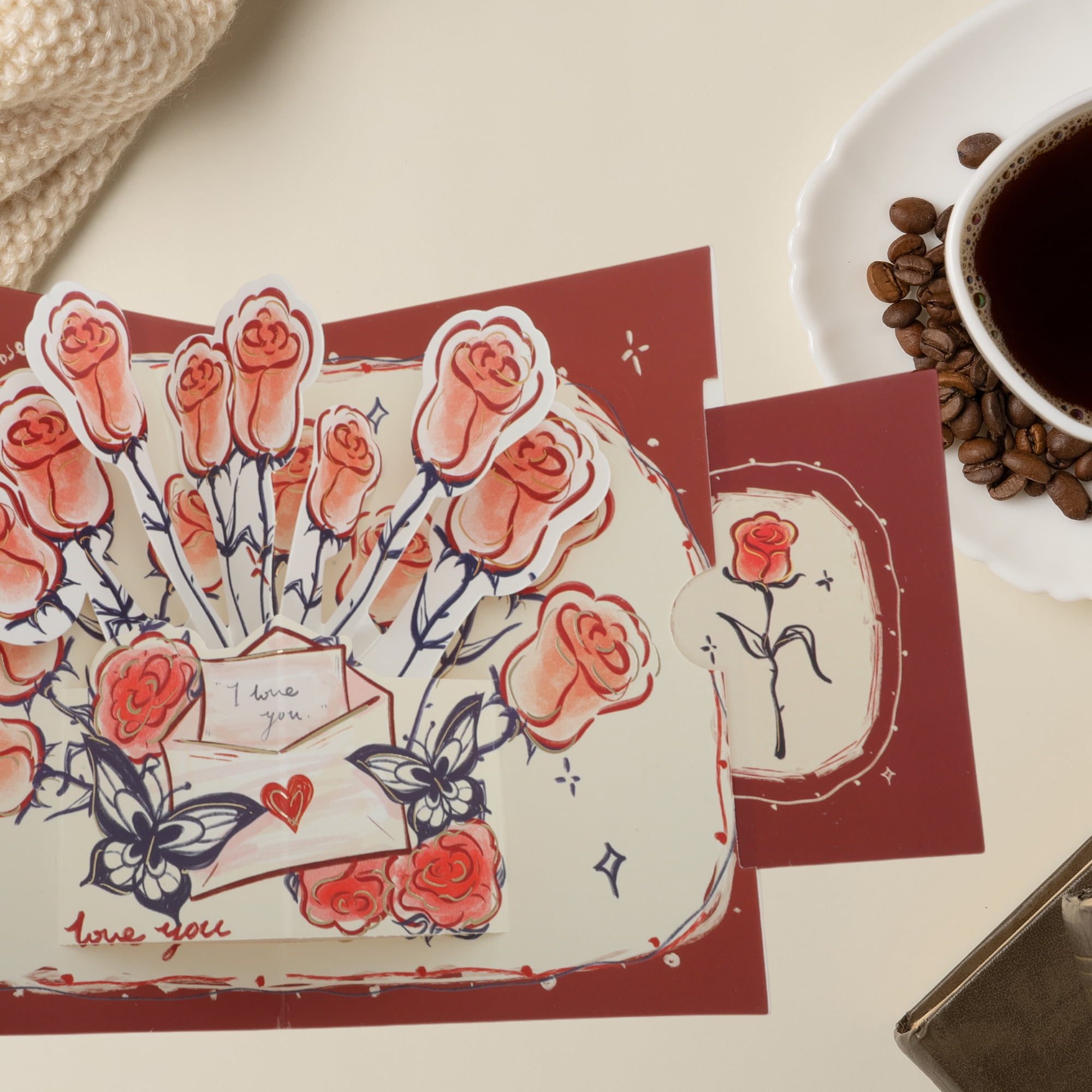 Unique Bargains Floral Pops Up Card 3D Greeting Cards with Envelope Red Rose Bouquet
