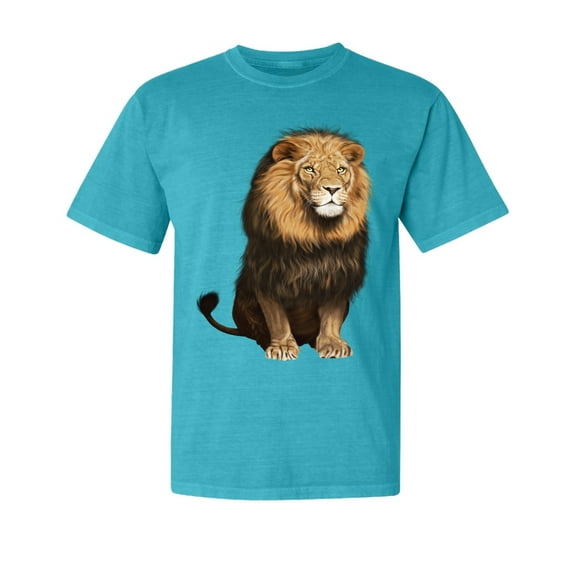 Wild Bobby, Wild Bobby Cute Sitting African Lion, Animal Lover, Garment-Dyed Washed Look Short Sleeve T-Shirt, Blue Lagoon, Small