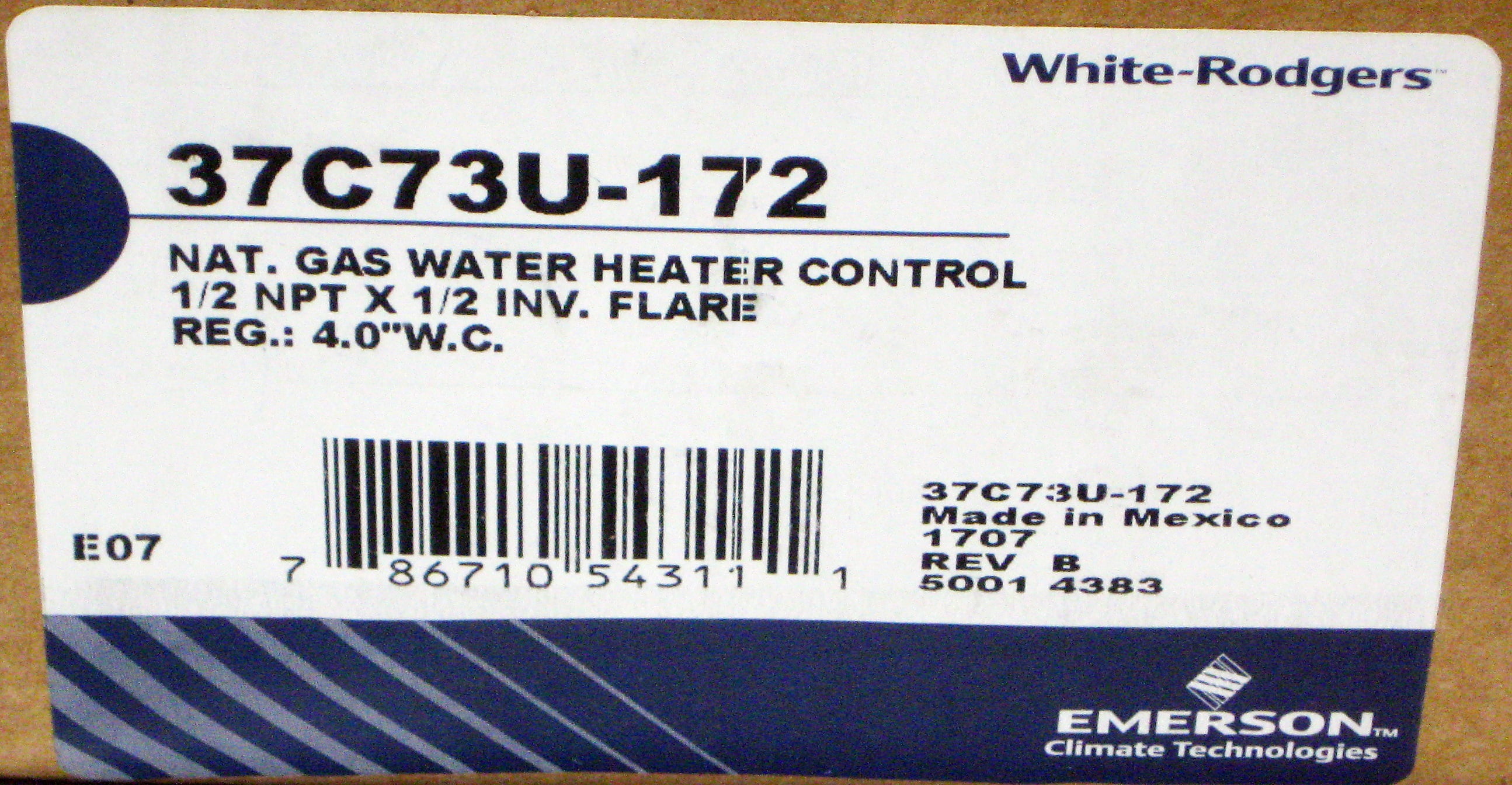 White-Rodgers 37C73U-172 Gas Water Heater Ctl, For Nat Gas Only, 1/2" N.P.T. Inlet, 1/2" Inv Flare Outlet