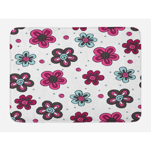 Floral Bath Mat, Cute Florets Buds Kids Girls Stylish Pattern Summer