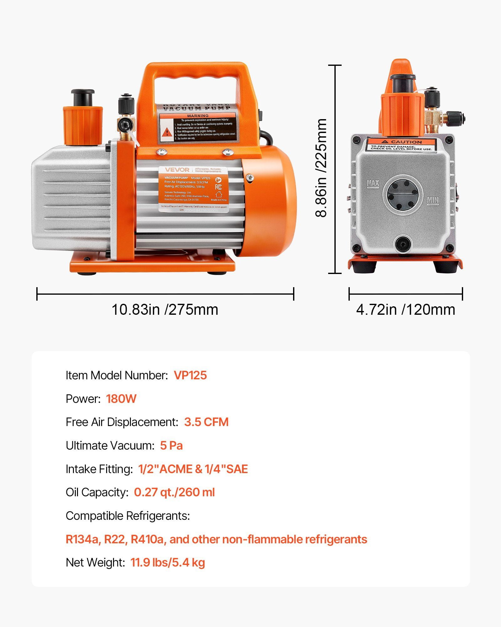 AC Vacuum Pump 3.5 CFM Single Stage Rotary Vane Vacuum Pump with Oil Included for HVAC, Automotive, Refrigeration, and Residential or Commercial Applications, High-Performance 5 Pa Ultimate Vacuum