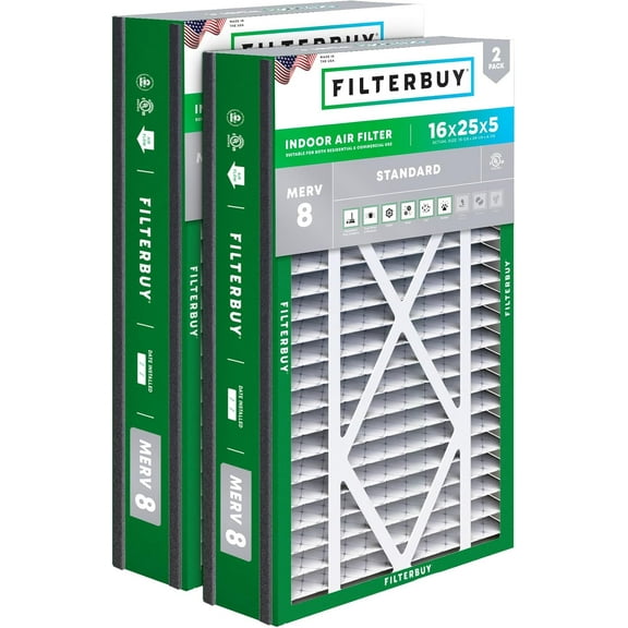 Filterbuy 16x25x5 Air Filter MERV 8 Dust Defense, Pleated HVAC AC Furnace Filter Replacement for Trion Air Bear Cub & More, 2-Pack