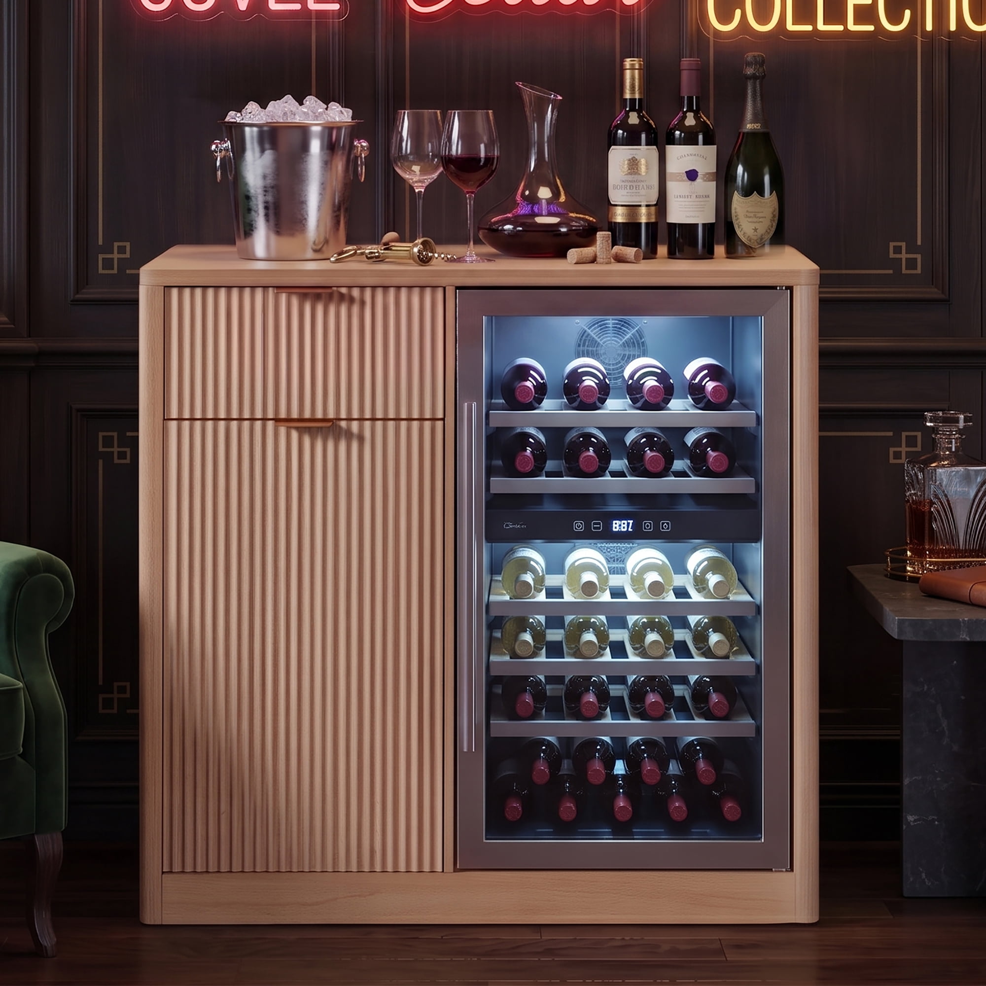 Mintazer 39" Modern Fluted Coffee Bar Cabinet with Fridge Space & Charging Station, Sideboard Beverage Station with Wine Glass Rack & Adjustable Shelves for Dining Room Living Room Apartment, Natural