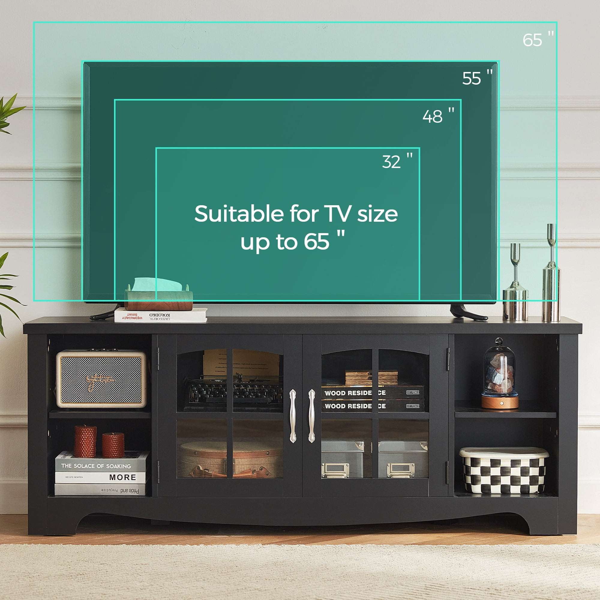 LINSY HOME Modern Farmhouse TV Stand for TVs up to 65",Home Entertainment Center with Storage Cabinet and Adjustable Shelves,Black