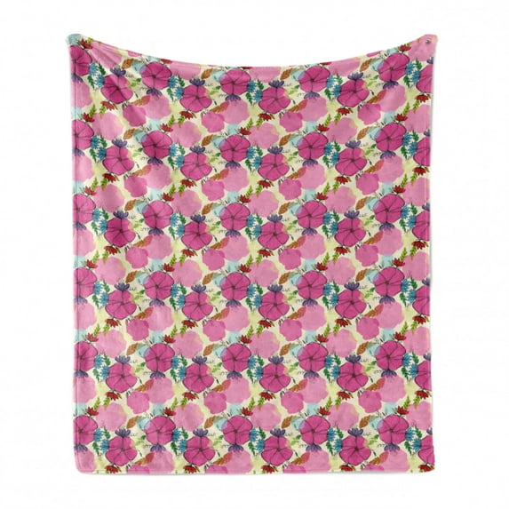Garden Art Soft Flannel Fleece Throw Blanket, Wildflowers Pattern with Colorful Leaves and Paint Splashes Background Spring, Cozy Plush for Indoor and Outdoor Use, 60" x 80", Multicolor, by Ambesonne