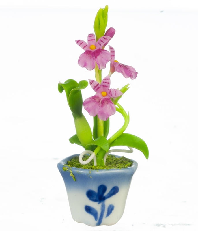 Miniature Dollhouse FAIRY GARDEN Accessories ~ White Oncidium Orchid in Blue Pot 