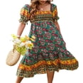 thumbnail image 1 of EIGTHTAIL Robe Midi pour Femme à Manches Courtes Bouffantes, Encolure Carrée Élastique, Imprimé Floral, Décontractée et Fluide, Robes d'Été, 1 of 5
