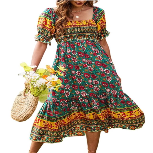 EIGTHTAIL Robe Midi pour Femme à Manches Courtes Bouffantes, Encolure Carrée Élastique, Imprimé Floral, Décontractée et Fluide, Robes d'Été