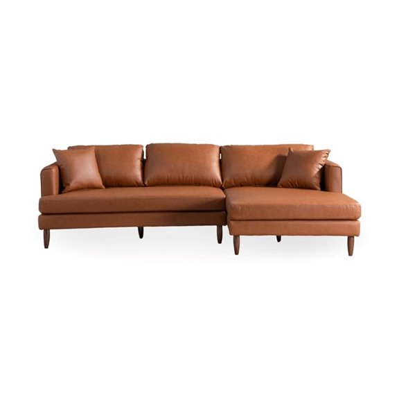Edenton Mid-Century Modern Leather Right Facing Sectional Sofa in Cognac Tan