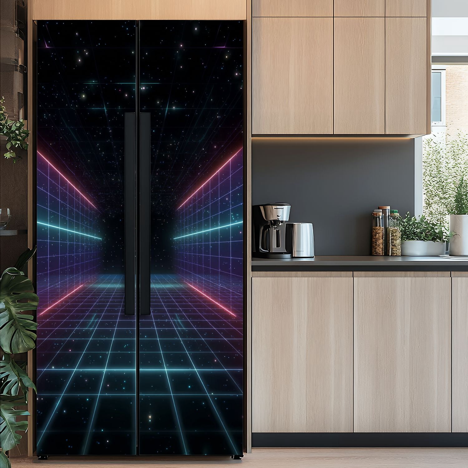 Self Adhesive Vinyl Refrigerator Wrap Set Vaporwave retro Abstract grid tunnel Door Mural Removable Fridge Sticker Peel and Stick&nbsp;Full Door Cover Decal Kitchen Bar Decor