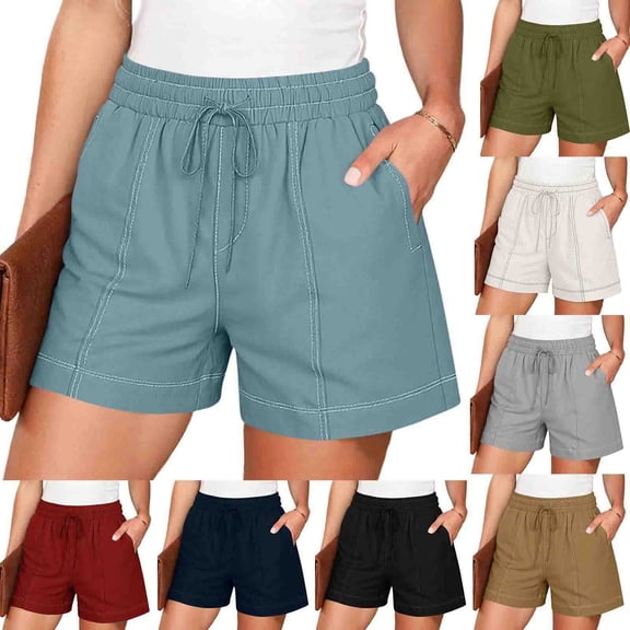 AHTJRT Women's Casual Shorts Elastic Waisted Drawstring Summer Shorts with Pockets Wide Leg Bermuda Shorts for Workout Lounge Vacation Light Blue S