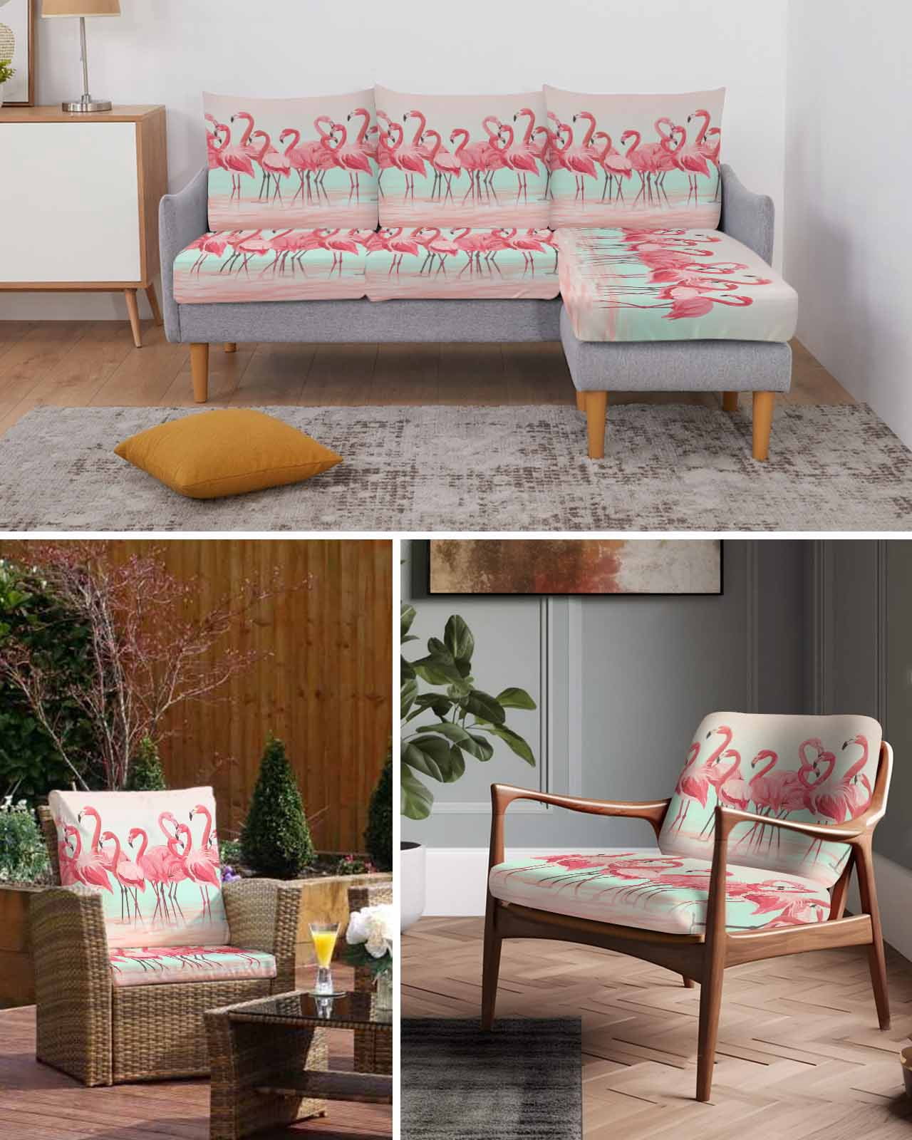 Pink Flamingo Couch Cushion Covers,Stretch Seat Cushion Covers for Sectional Sofa,Summer Tropical Flamingo Hawaii Animals Individual Sofa&nbsp;Slipcovers Furniture Protector Elastic Straps 1Pcs,S