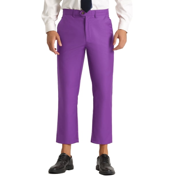 Pantalones formales recortados para hombres INSPIRE CHIC, color sólido, con frente plano, talla 34, color púrpura