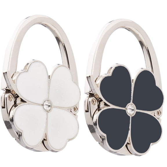 2 Pack Foldable Purse Hook for Table Portable Clover Shaped Purse Hanger for Table Accessories (White & Black)
