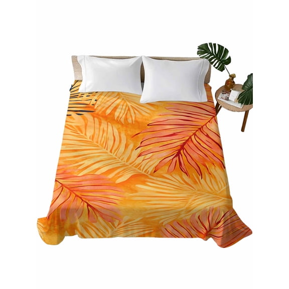 Twin Flat Sheet 66"x96", Orange Tropical Leaf Soft Lightweight Bedding Flat Sheets Only, Summer Palm Leaves Botanical Brushed Microfiber Top Bed Sheet, Breathable StainResistant Bedsheets