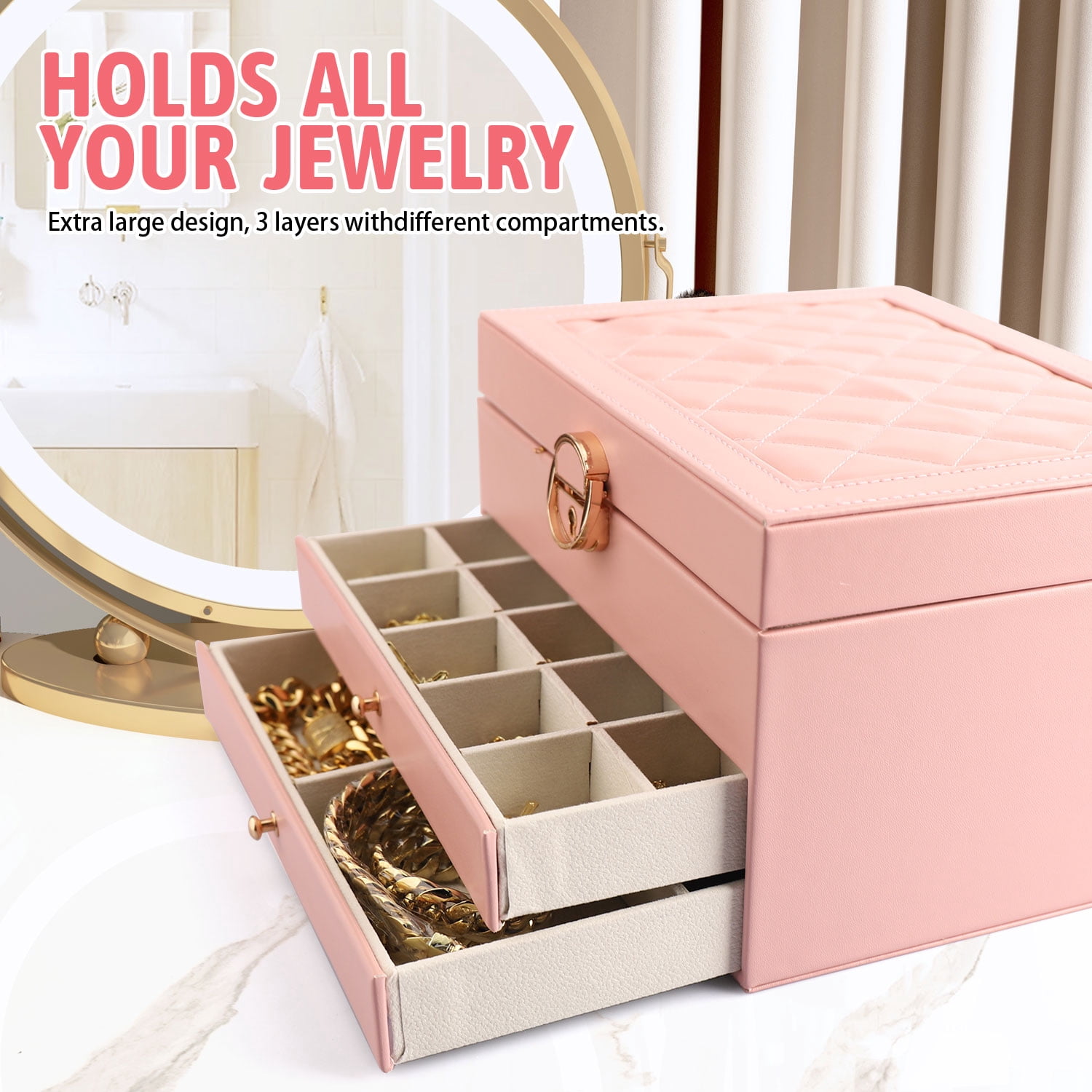 ASKITO 3 Layers Jewelry Box, Lockable Jewelry Holder Organizer with Drawer, Large Jewelry Boxes for Women Girls, Jewelry Holder for Necklace Earring Ring Bracelet Watch, Pink