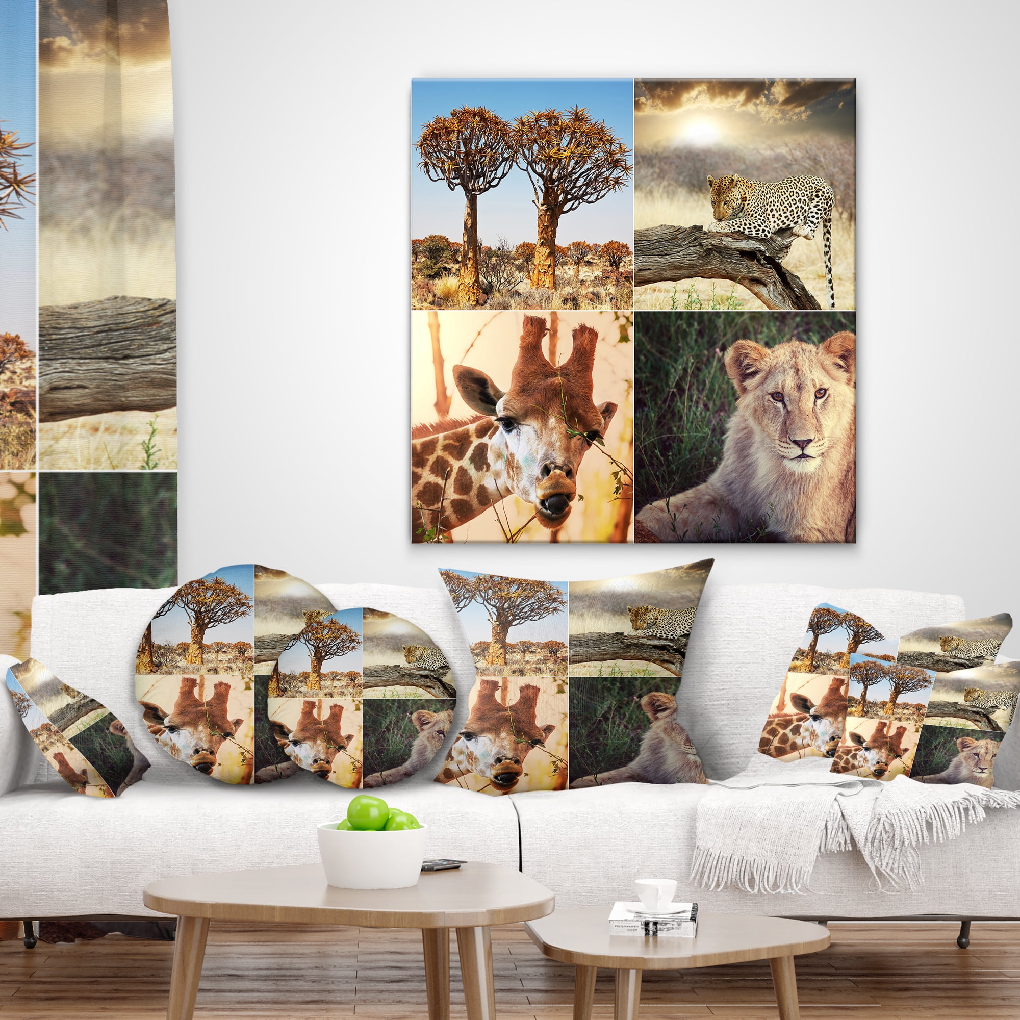 Designart African Safari Wildlife Collage - African Landscape Printed Throw Pillow - 18x18
