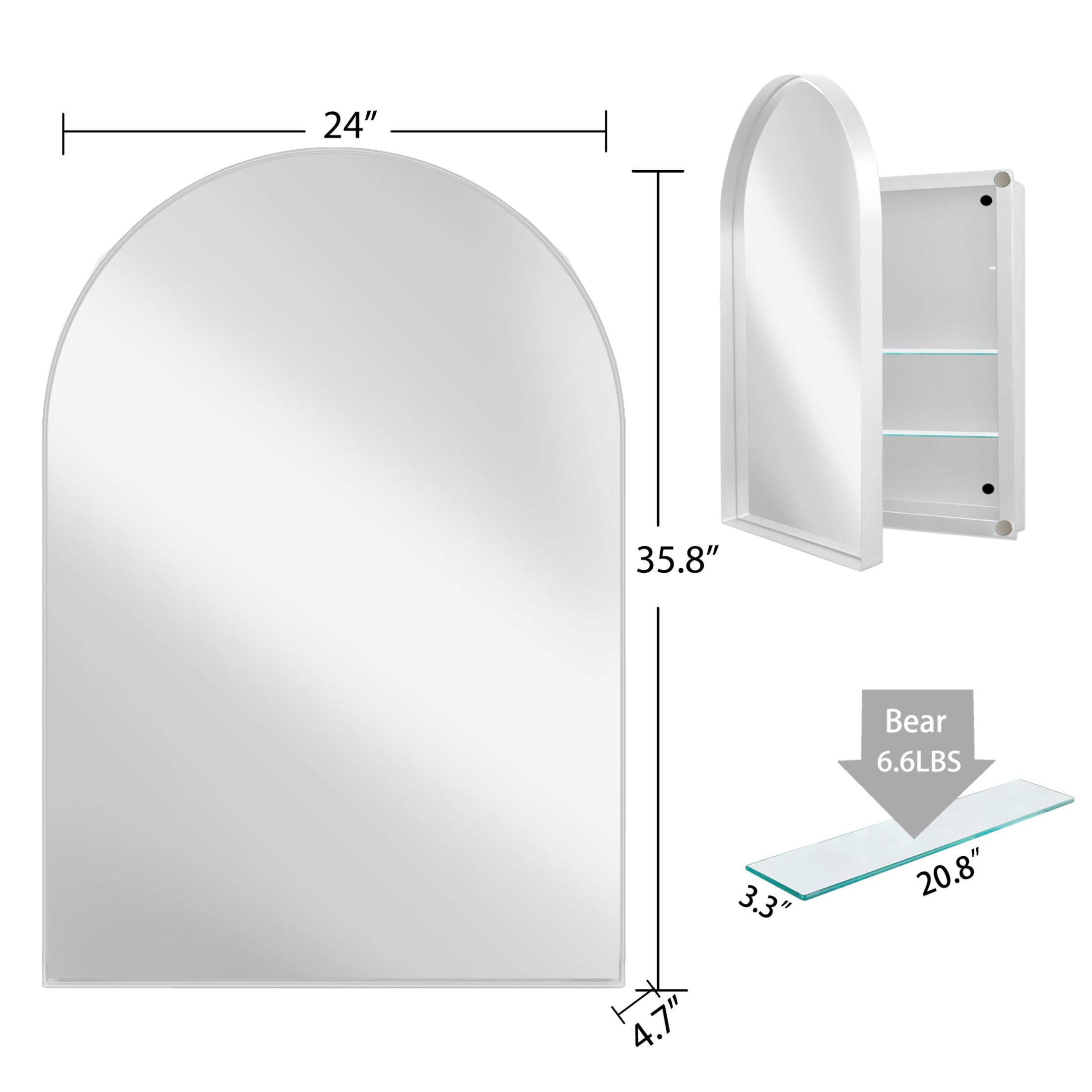 Noble House Arched Medicine Cabinet with Mirror, Recessed or Surface Mount, Adjustable Shelves, White
