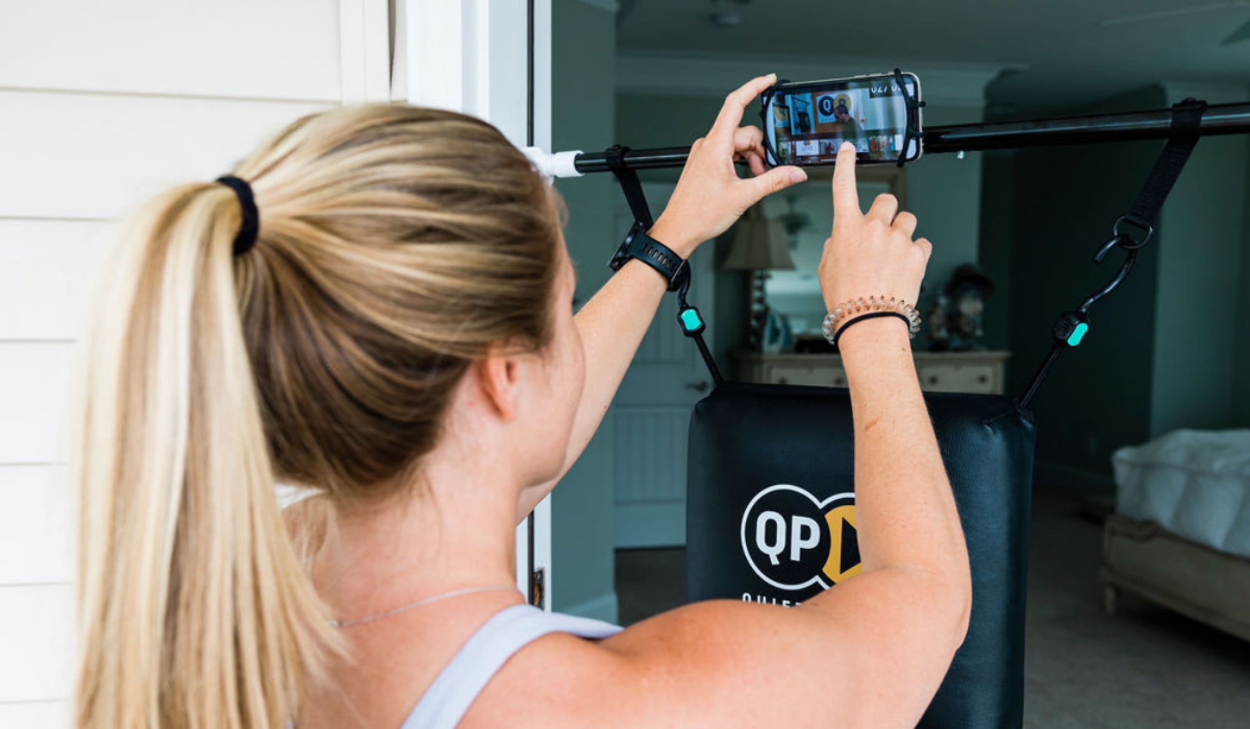 Quiet Punch Doorway Punching Bag, Phone Holder with App, 28"-36" Size, Portable Boxing, Apartment Friendly Workouts (No Punch Tracker)