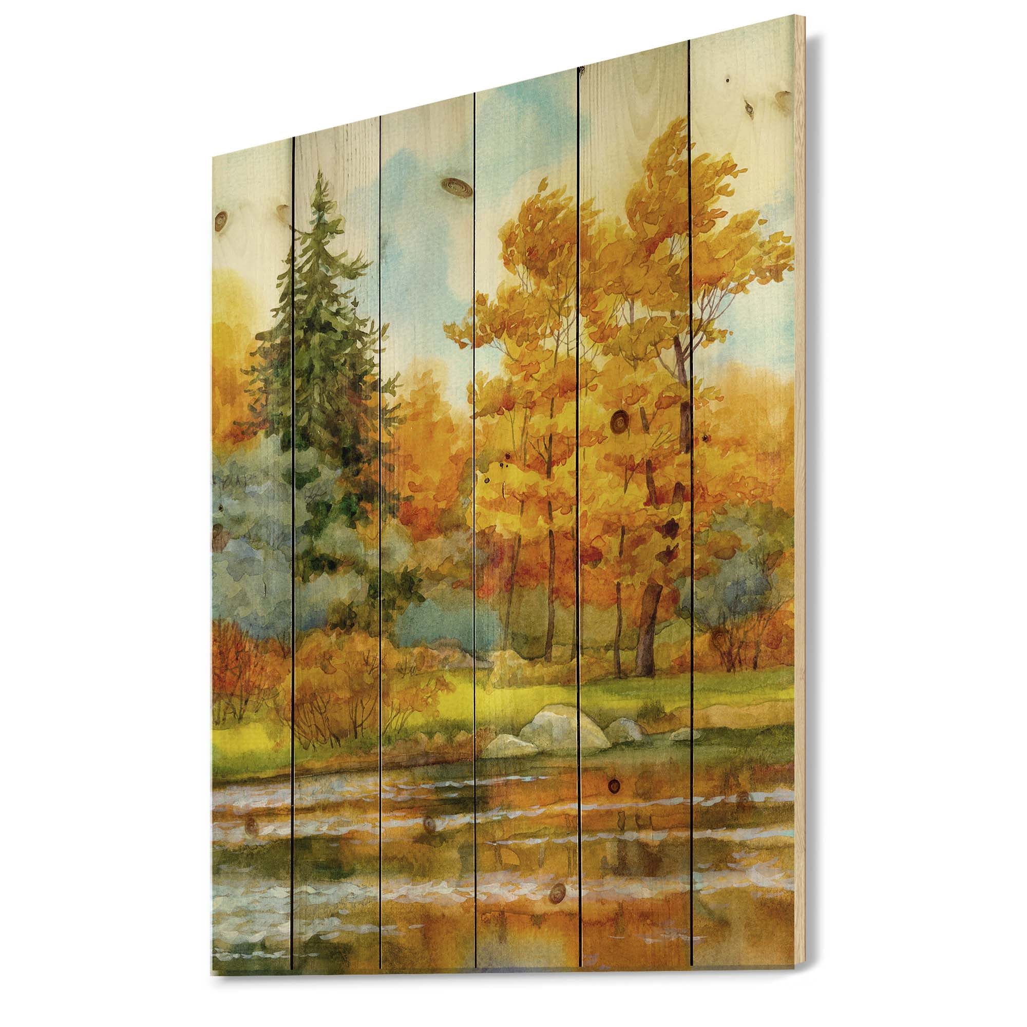 Designart 'Autumn Forest By The Lake Side I' Lake House Print on Natural Pine Wood