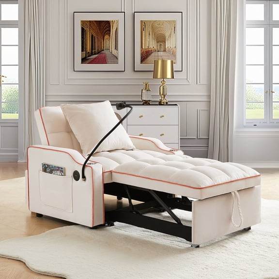 Lunale 4-in-1 Convertible Sleeper Chair Bed with Charge Ports & Phone Stand, Beige Velvet