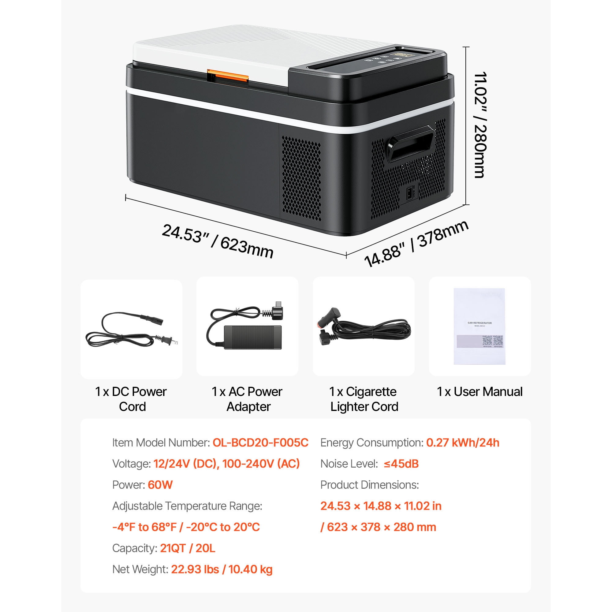 KFFKFF Portable Car Refrigerator, 21 QT Compressor Electric Cooler DC 12/24V AC100-240V,  -4°F to 68°F with APP Control,  Vehicle Freezer for RV, Campsite,  Travel