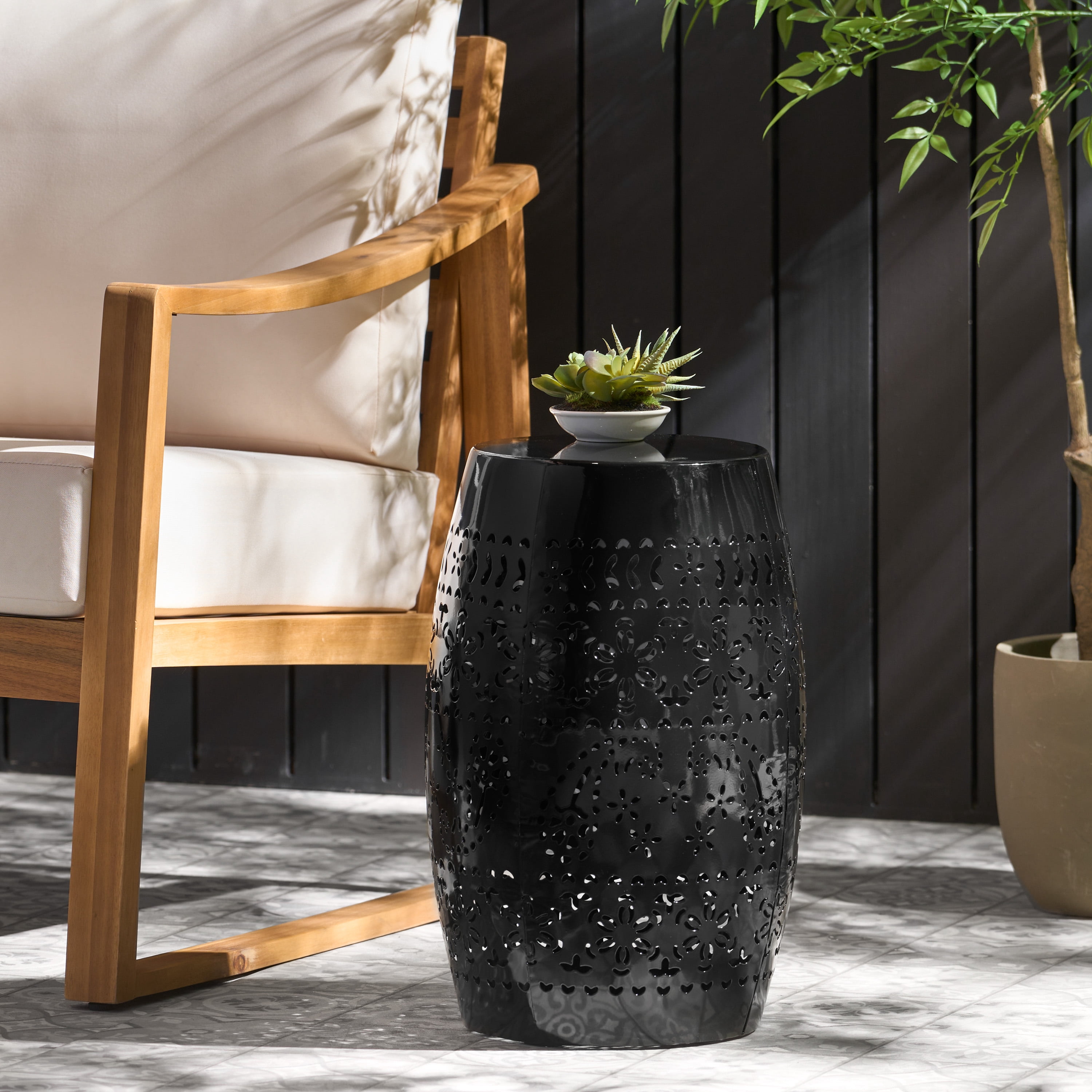 Lace Cut Metal Side Table, Outdoor End Table for Patio Balcony Garden, Black