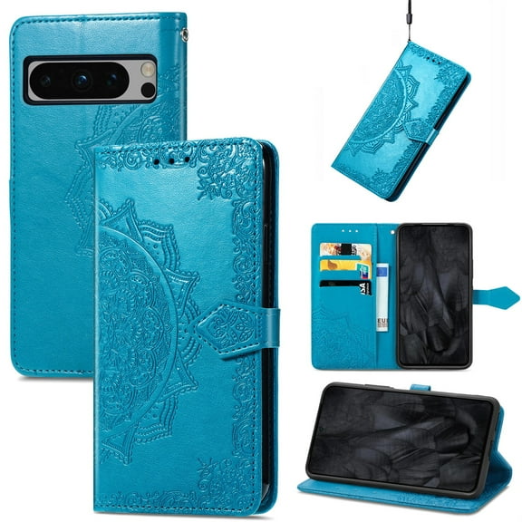 Dteck for Google Pixel 8 Pro Case, Embossed Pixel 8 Pro Wallet Case with Wrist Strap, PU Leather Shockproof Folio Case with Magnetic Closure Kickstand for Google Pixel 8 Pro,Blue