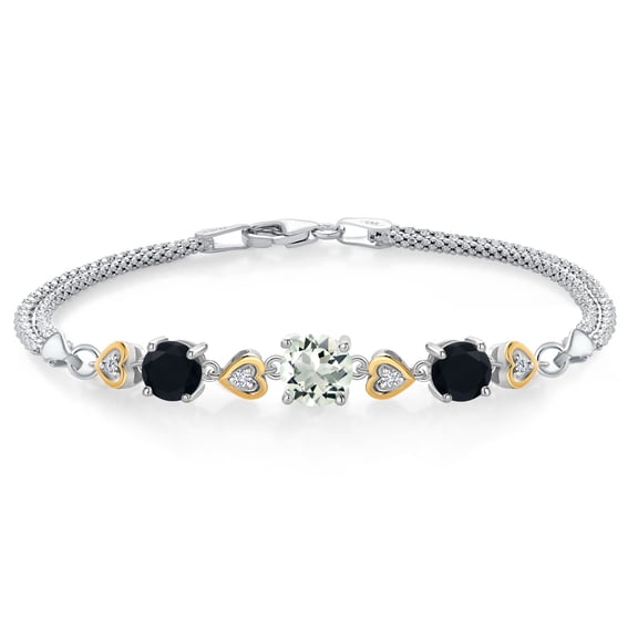 Gem Stone King 925 Sterling Silver and 10k Yellow Gold Green Prasiolite Black Onyx and White Lab Grown Diamond Bracelet for Women (2.78 Cttw, Round 7MM and 6MM, 6.5/7/7.5 inch, Made in Italy)