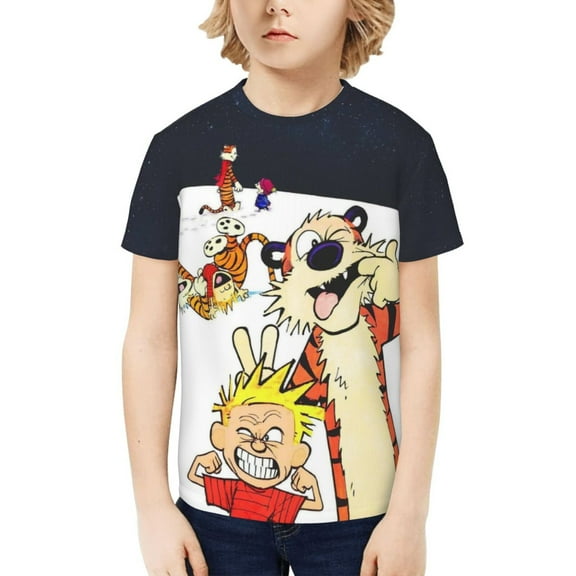 Calvin and Hobbes Youth T-shirt Short Sleeve Graphic Top Breathable Shirt Tees Boys Girls