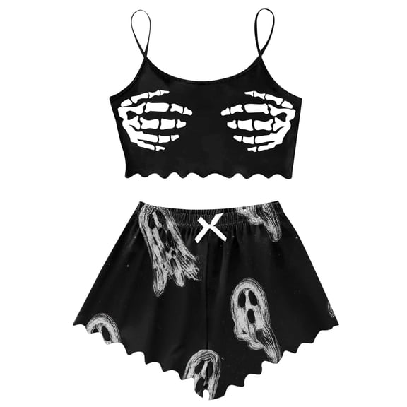 Puliio Womens Halloween Pajamas Sets Ghost Print Sleeveless Camisole with Shorts Nightwear Pajama Sleepwear Set