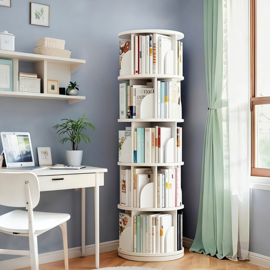 5-Tier Rotating Bookshelf, 360° Spinning Bookcase Tower with Wraparound Baffles, Space-Saving Round Display Shelf for Bedroom, Living Room & Home Office, Warm White