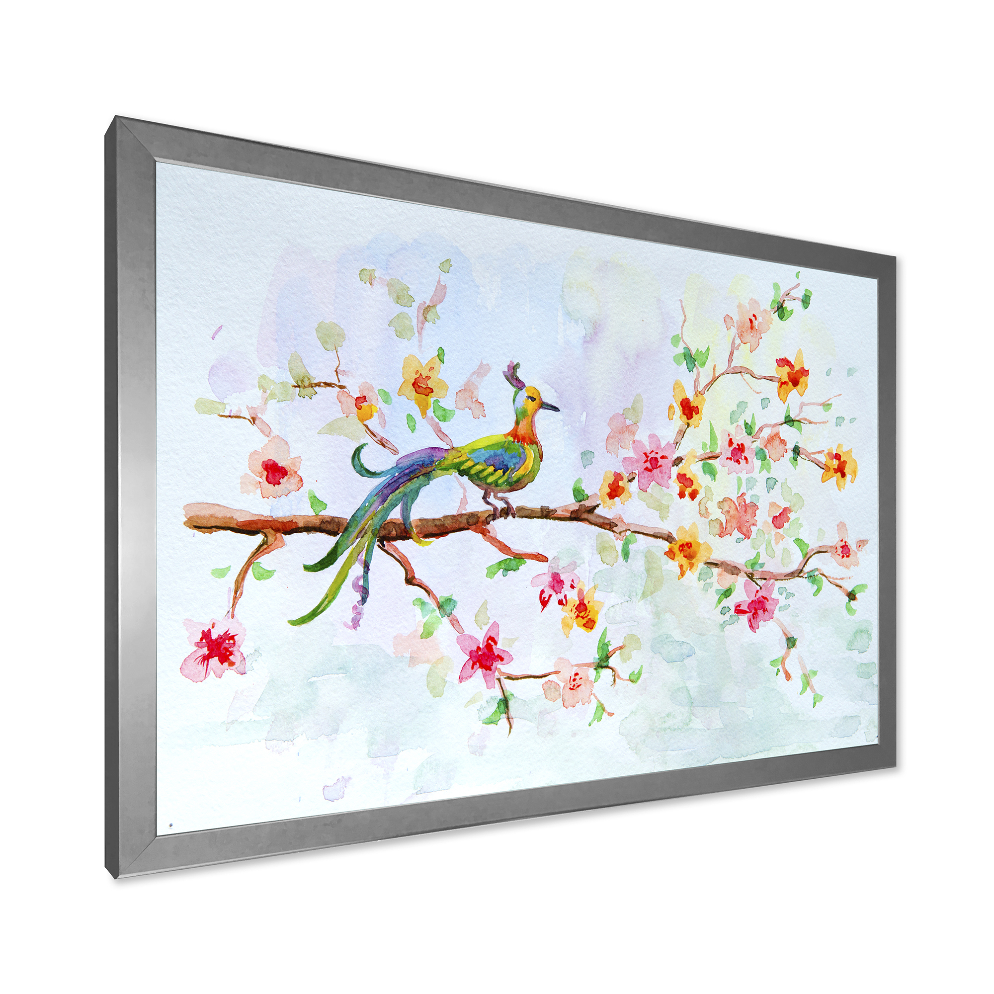 Designart 'Little Bird Sitting On Blooming Branch' Traditional Framed Art Print