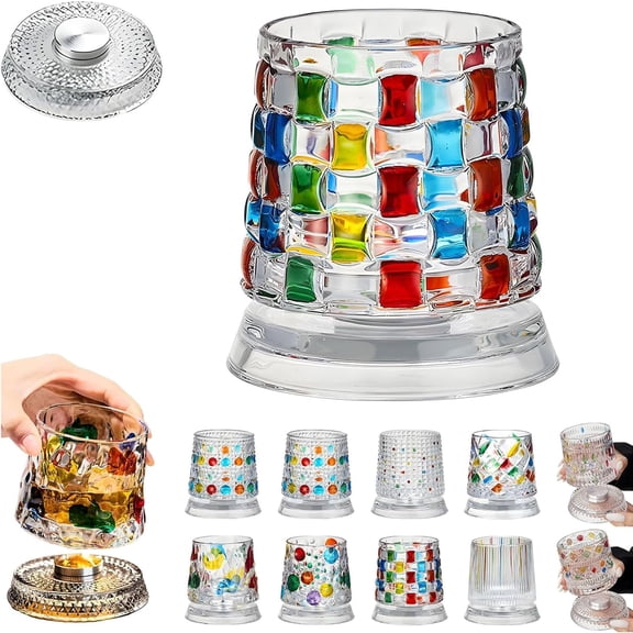 Hand-Painted Embossed Rotating Whiskey Glass, Crystal Style Spinning Bourbon Tumbler for Scotch Cocktails, Artistic Old Fashioned Drinking Glass for Home Bar Gift for Men Women