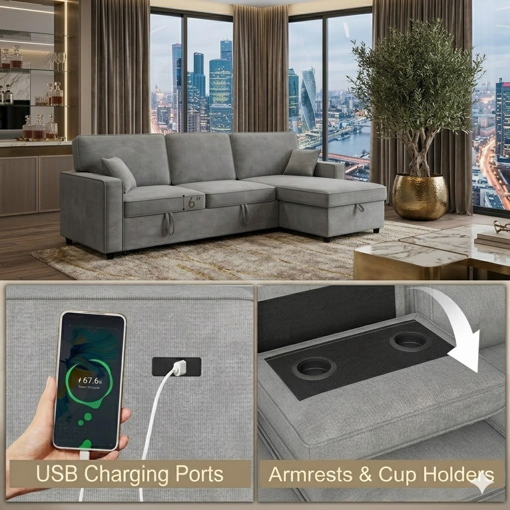 Howcool Sectional Sleeper Sofa,L Shaped Chenille Convertible Sofa Bed 89" 3 Seater with Flip-Down Center Console & USB Charging Ports,Pull Out Couch for Living Room Apartment Office,Light Grey