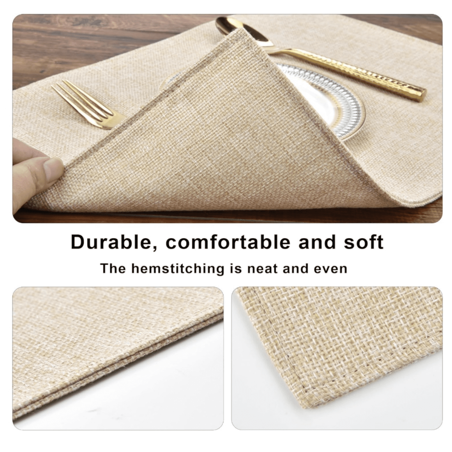 Beige Cloth Placemats Set of 6 - Easy to Clean Fabric Table Placemats - Mac Placemats - Heat Resistant Non-Slip Table Mats (Beige, 6)