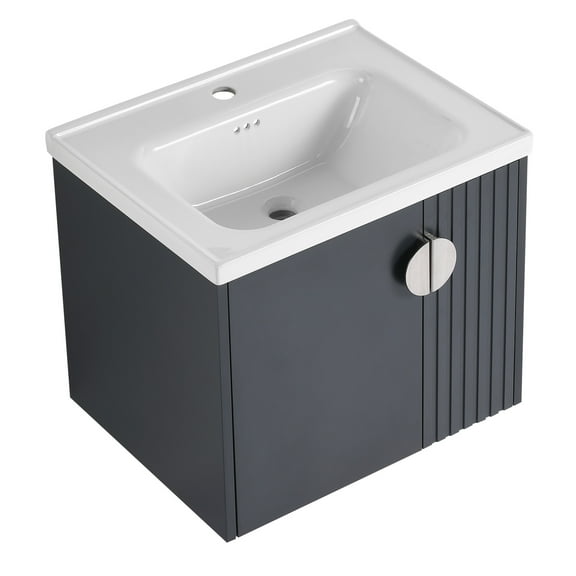 24 Inch Wall Mounted Bathroom Sink Vanity, For Small Bathroom, With Soft-close Door And Metal Handles Vanity Ceramic Basin, Narrow Spaces, Fashionable Soft Close Doors &