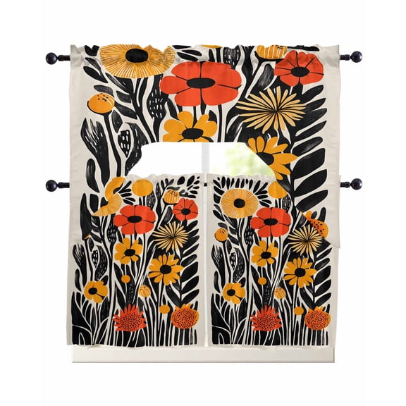 Orange Yellow Black Botanical Kitchen Curtains Sets 36 Inch Length with Valance, Spring Floral Modernism Swag Valances and Tiers Curtain Set Drapes Swag Curtains for Living Room, Bathroom, Bedroom